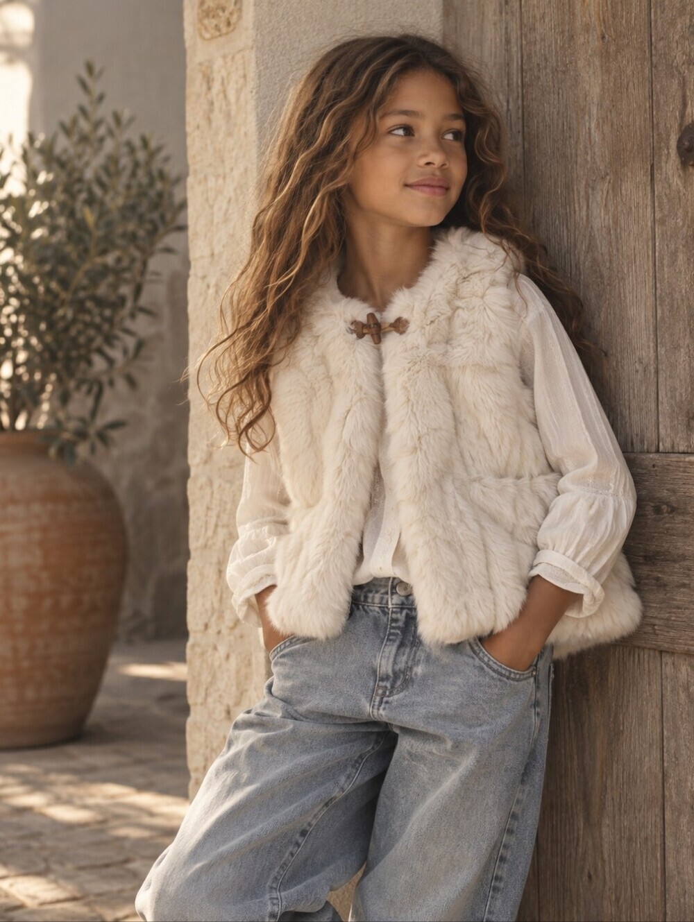 Zara Girls Faux Fur Vest Cream Plush Boho Winter Gilet 11-12Y